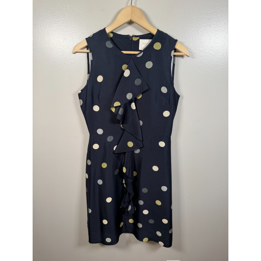 Kate Spade Bailey Silk Polka Dot Dress Size 6 Navy Blue Ruffle Twee Church